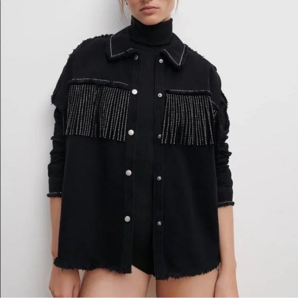 Zara Denim Jacket with Bejeweled Fringe Rhinestone Black Blogger Favorite